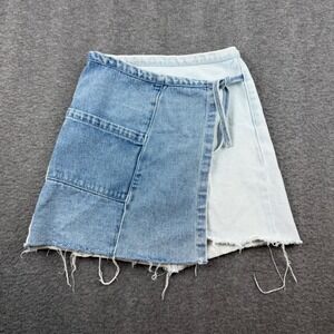 PacSun Denim Wrap Skirt Women's 24 Blue Two Tone Colorblock Mini‎ Distressed Raw